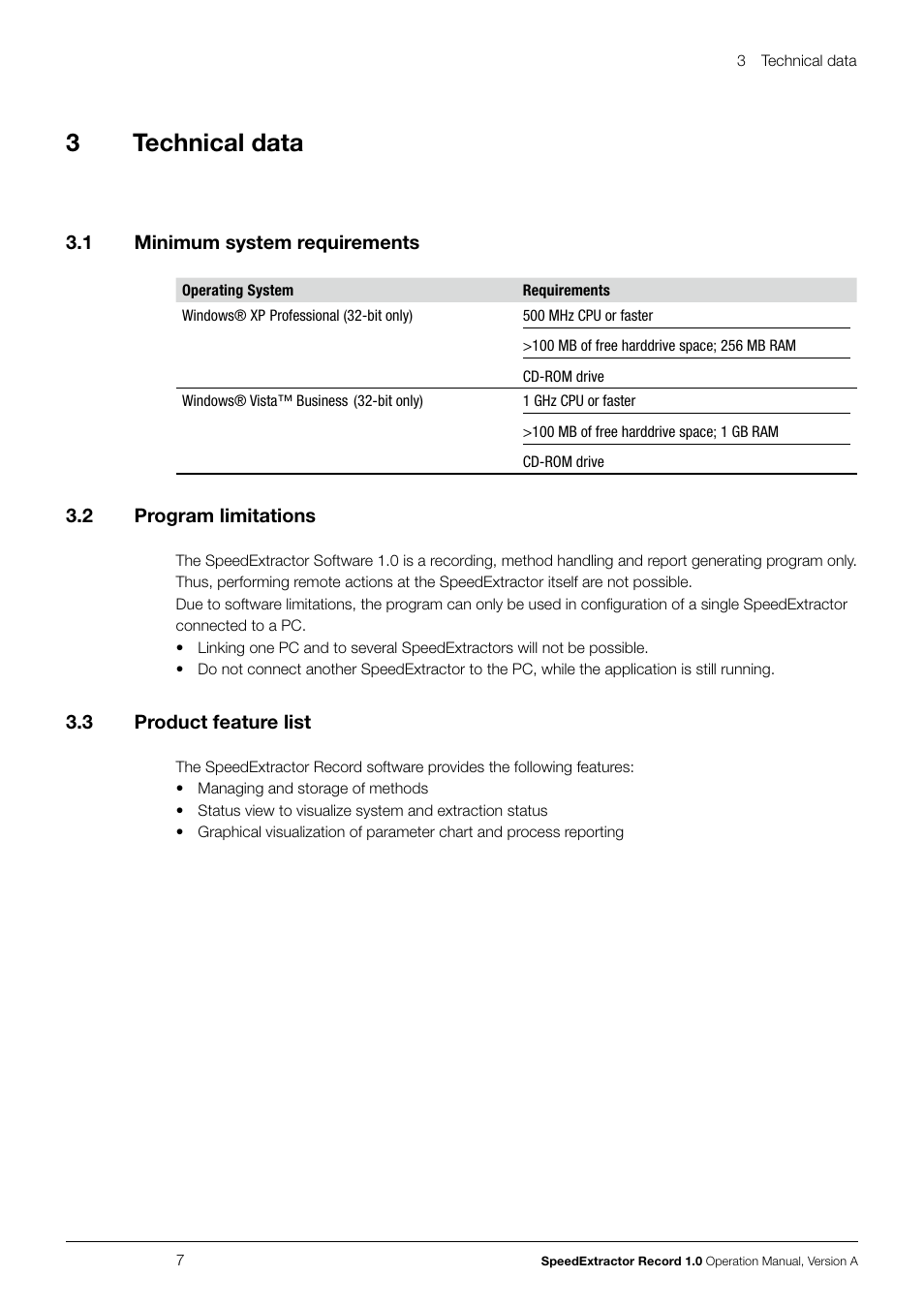 3 technical data, 1 minimum system requirements, 2 program limitations | 3 product feature list, Technical data 3.1, Minimum system requirements, Program limitations, Product feature list, 3technical data | BUCHI SpeedExtractor E-916 User Manual | Page 7 / 34