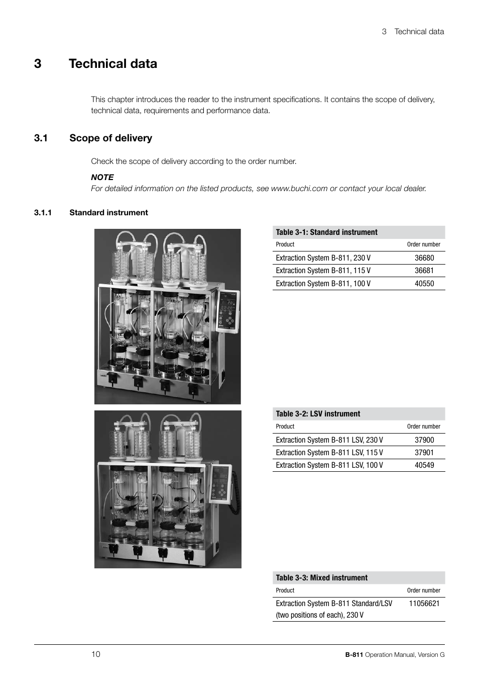 3technical data, 3 .1 scope of delivery | BUCHI Extraction System B-811 LSV User Manual | Page 10 / 54