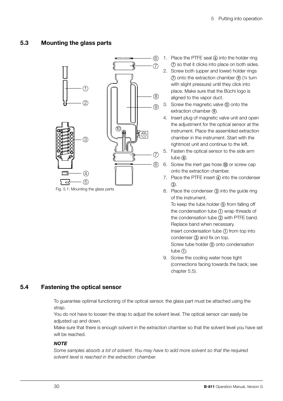 5 .3 mounting the glass parts, 5 .4 fastening the optical sensor | BUCHI Extraction System B-811 LSV User Manual | Page 30 / 54