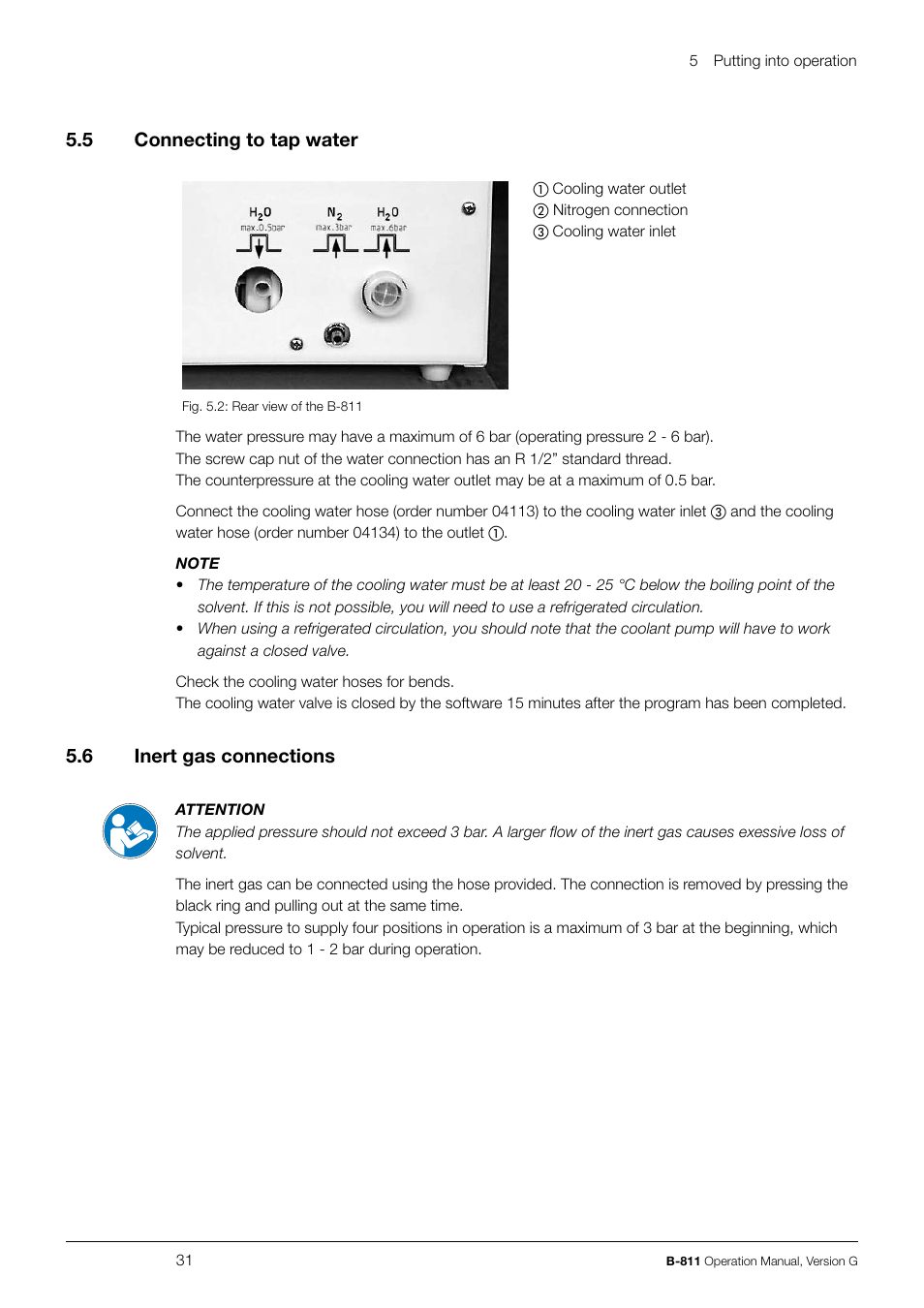 5 .5 connecting to tap water, 5 .6 inert gas connections | BUCHI Extraction System B-811 LSV User Manual | Page 31 / 54