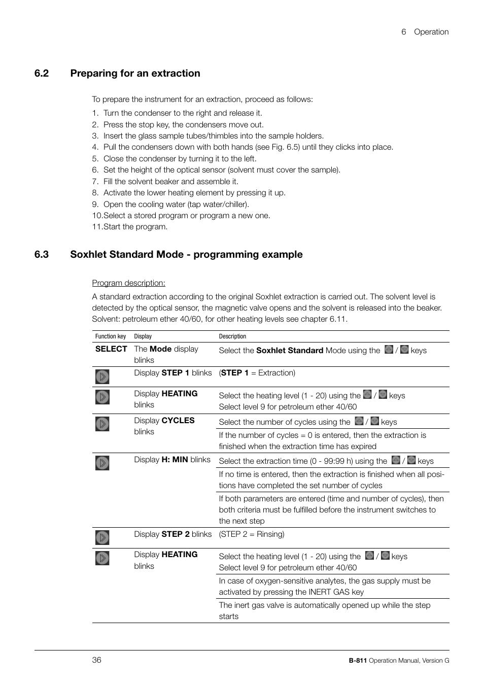 6 .2 preparing for an extraction, 6 .3 soxhlet standard mode - programming example | BUCHI Extraction System B-811 LSV User Manual | Page 36 / 54