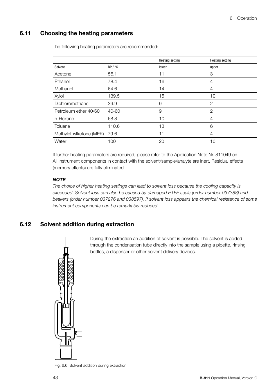 6 .11 choosing the heating parameters, 6 .12 solvent addition during extraction | BUCHI Extraction System B-811 LSV User Manual | Page 43 / 54