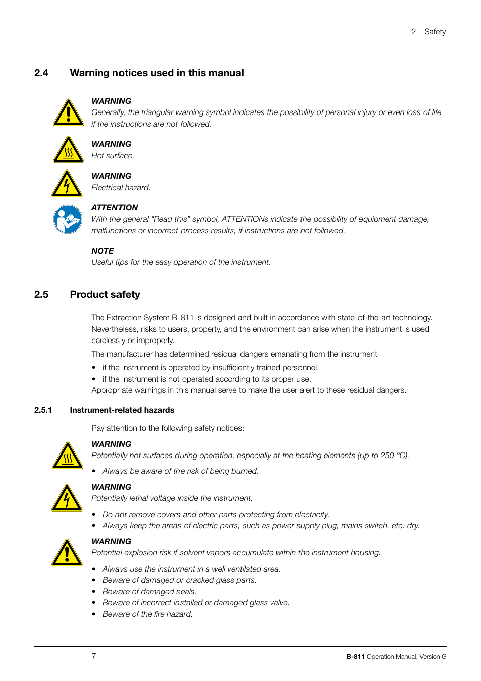 2 .4 warning notices used in this manual, 2 .5 product safety | BUCHI Extraction System B-811 LSV User Manual | Page 7 / 54