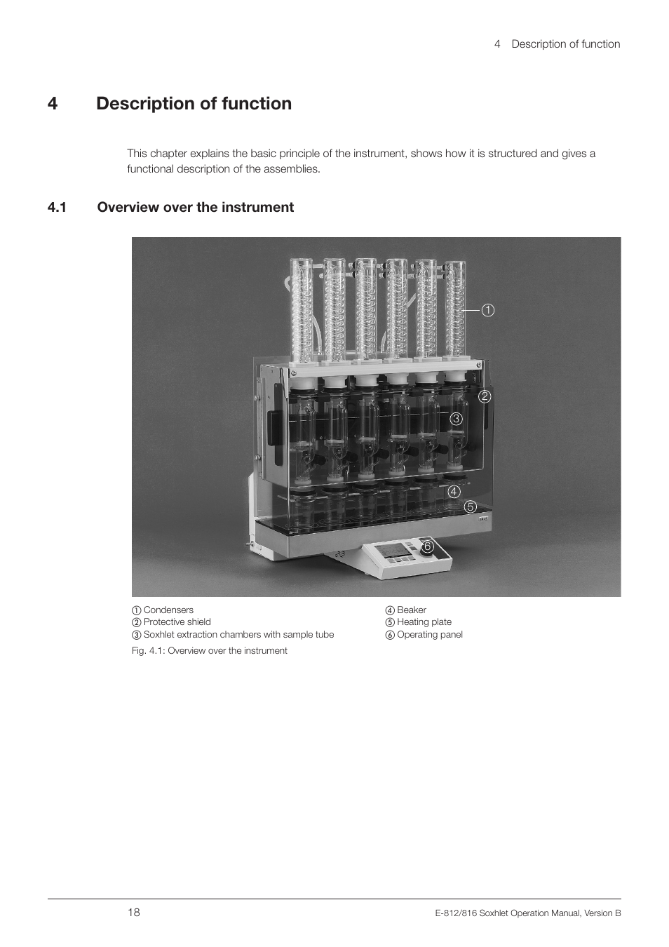 4 description of function, 1 overview over the instrument, Description of function 4.1 | Overview over the instrument, 4description of function | BUCHI Extraction Unit E-816 SOX User Manual | Page 18 / 56