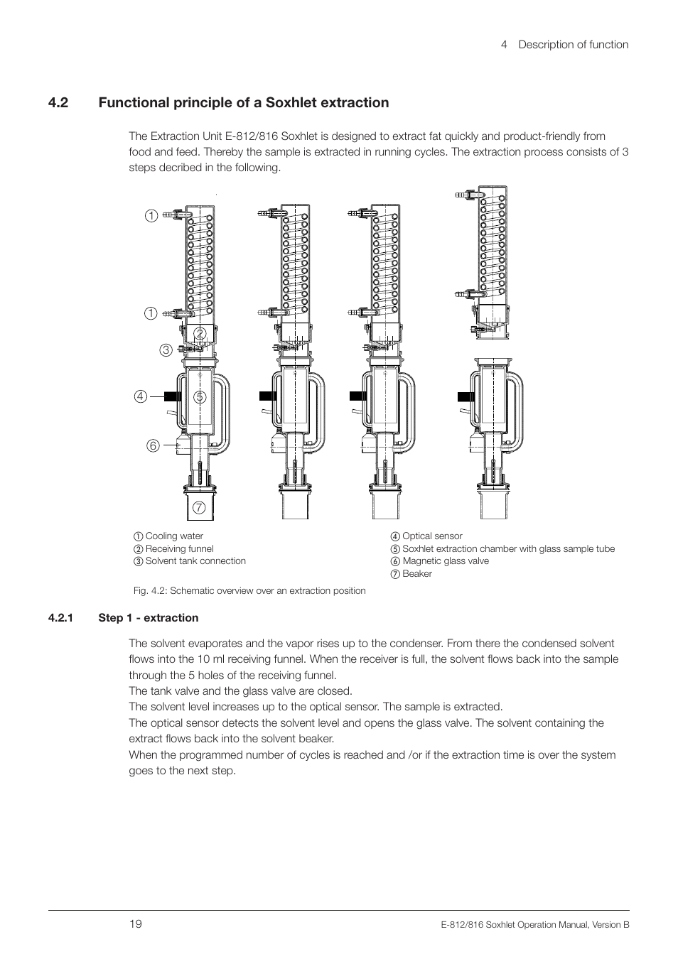 2 functional principle of a soxhlet extraction, 1 step 1 - extraction, Functional principle of a soxhlet extraction | 4 .2 functional principle of a soxhlet extraction | BUCHI Extraction Unit E-816 SOX User Manual | Page 19 / 56