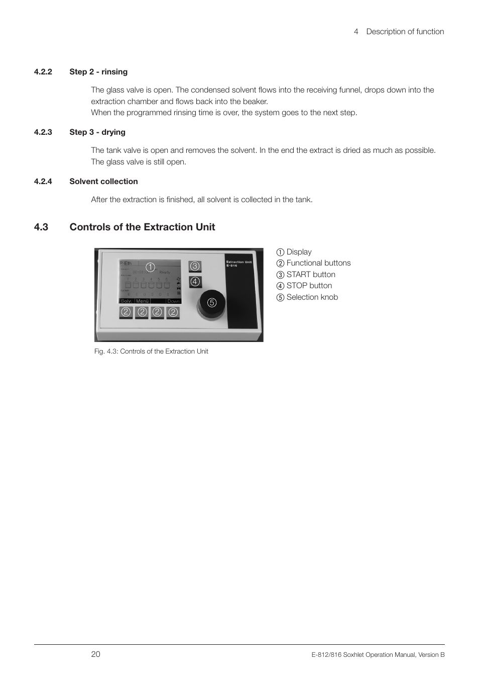 2 step 2 - rinsing, 3 step 3 - drying, 4 solvent collection | 3 controls of the extraction unit, Controls of the extraction unit, 4 .3 controls of the extraction unit | BUCHI Extraction Unit E-816 SOX User Manual | Page 20 / 56