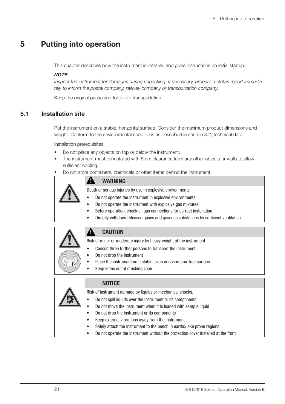 5 putting into operation, 1 installation site, Putting into operation 5.1 | Installation site, 5putting into operation | BUCHI Extraction Unit E-816 SOX User Manual | Page 21 / 56