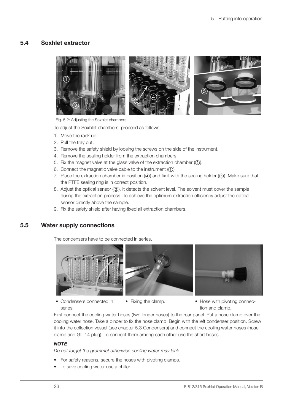 4 soxhlet extractor, 5 water supply connections, Soxhlet extractor | Water supply connections | BUCHI Extraction Unit E-816 SOX User Manual | Page 23 / 56