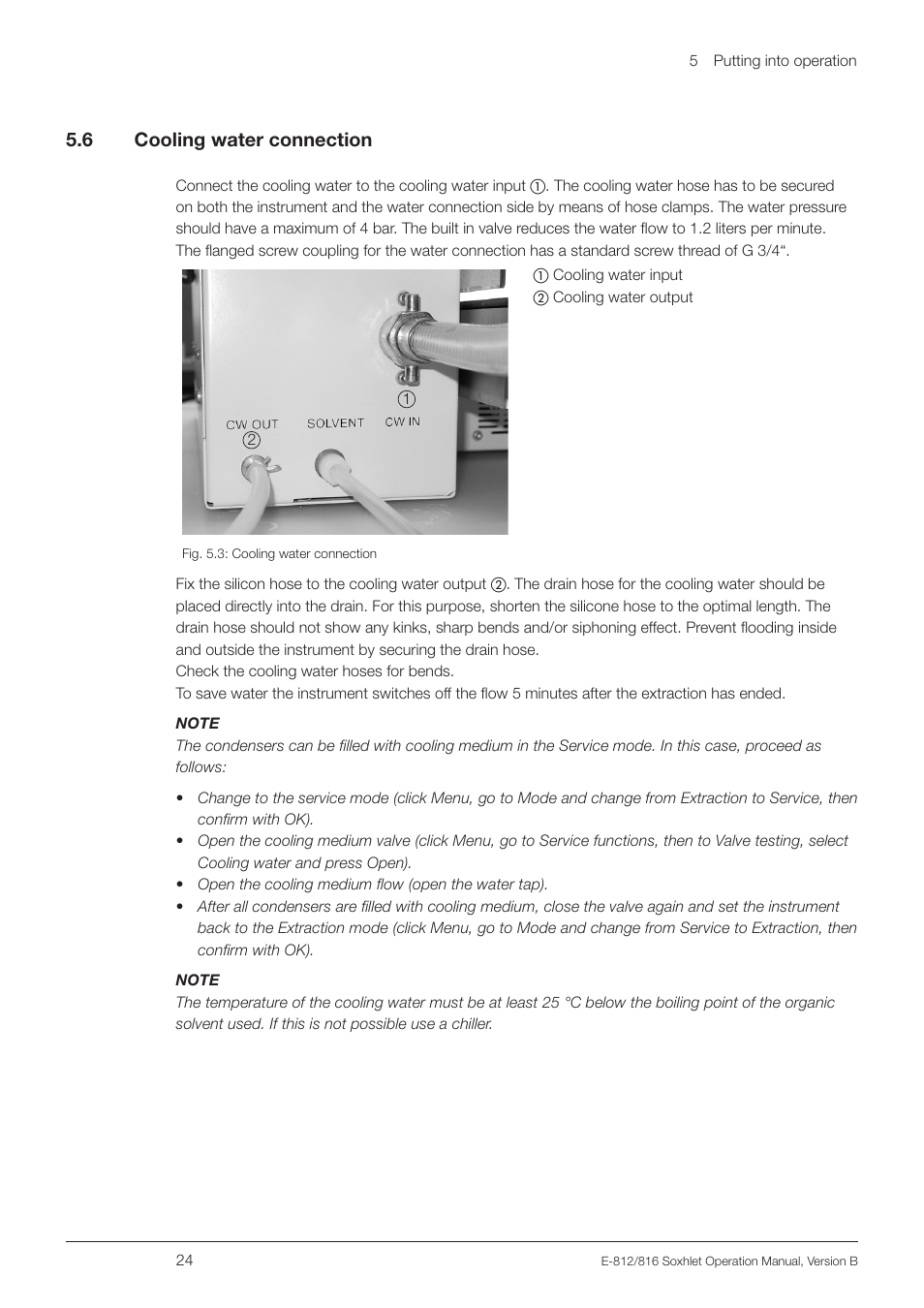 6 cooling water connection, Cooling water connection, 5 .6 cooling water connection | BUCHI Extraction Unit E-816 SOX User Manual | Page 24 / 56