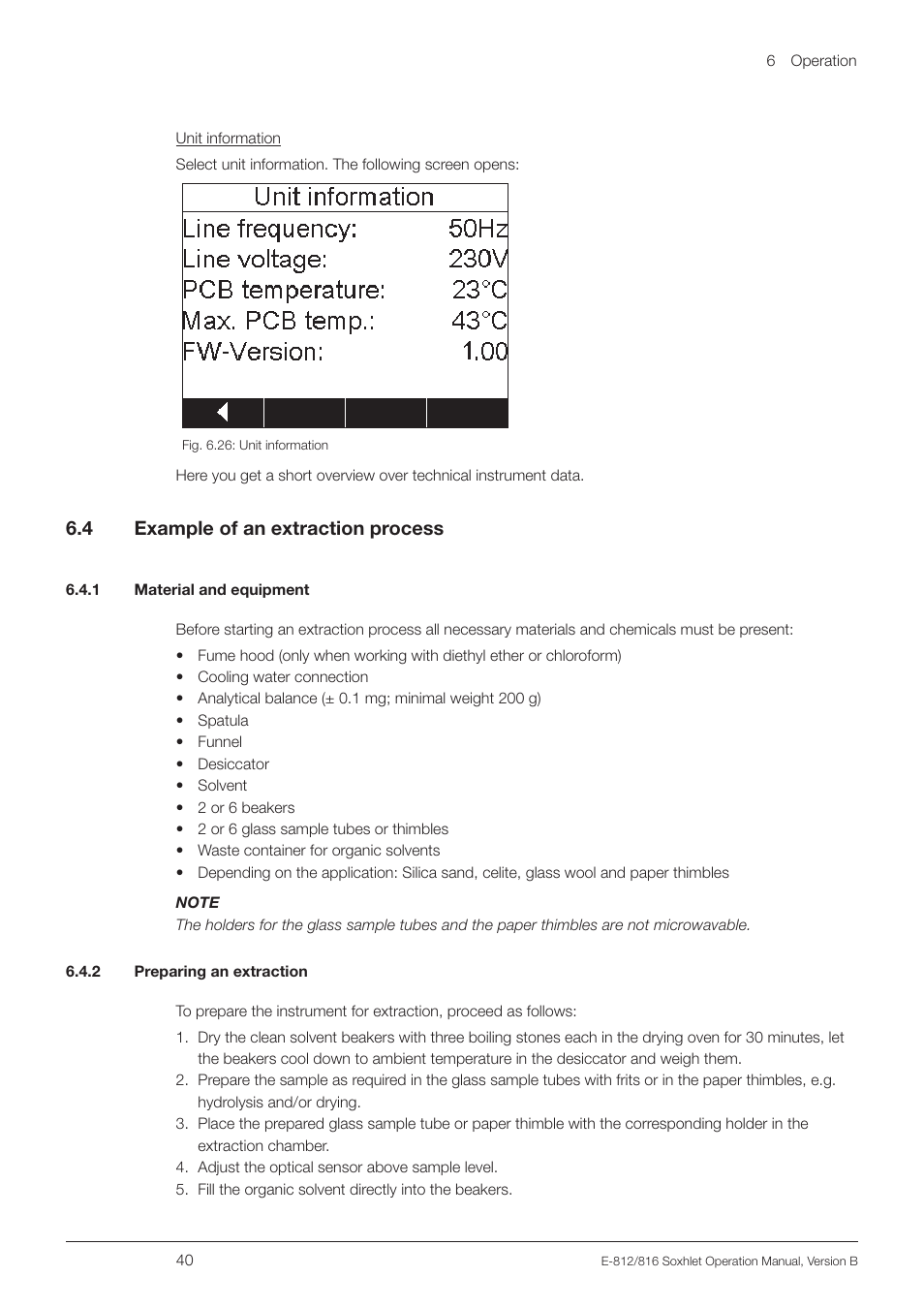4 example of an extraction process, 1 material and equipment, 2 preparing an extraction | Example of an extraction process, 6 .4 example of an extraction process | BUCHI Extraction Unit E-816 SOX User Manual | Page 40 / 56