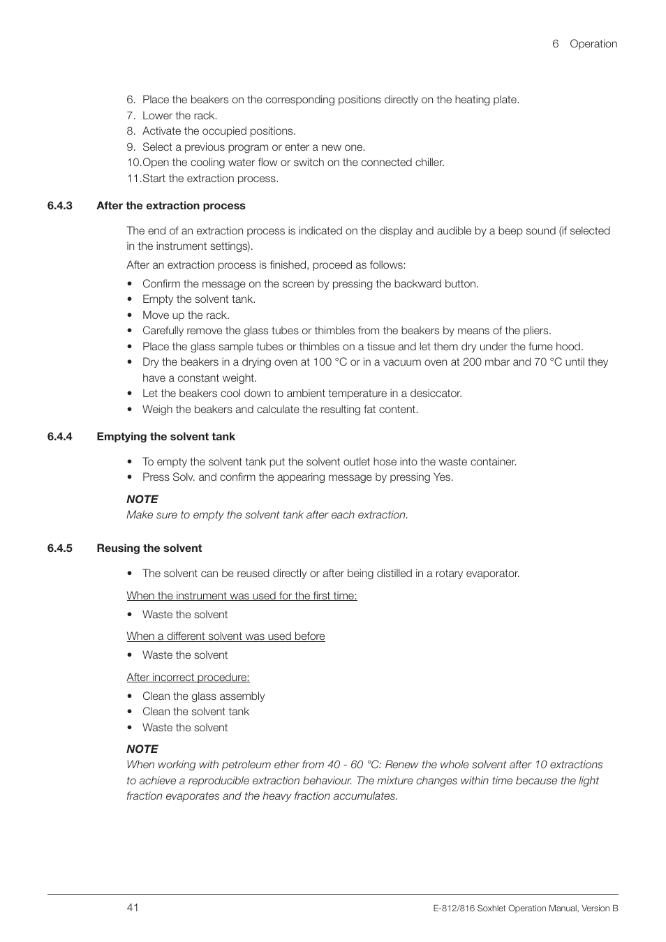 3 after the extraction process, 4 emptying the solvent tank, 5 reusing the solvent | BUCHI Extraction Unit E-816 SOX User Manual | Page 41 / 56