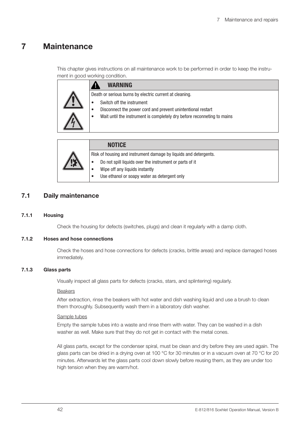 7 maintenance, 1 daily maintenance, 1 housing | 2 hoses and hose connections, 3 glass parts, Daily maintenance | BUCHI Extraction Unit E-816 SOX User Manual | Page 42 / 56