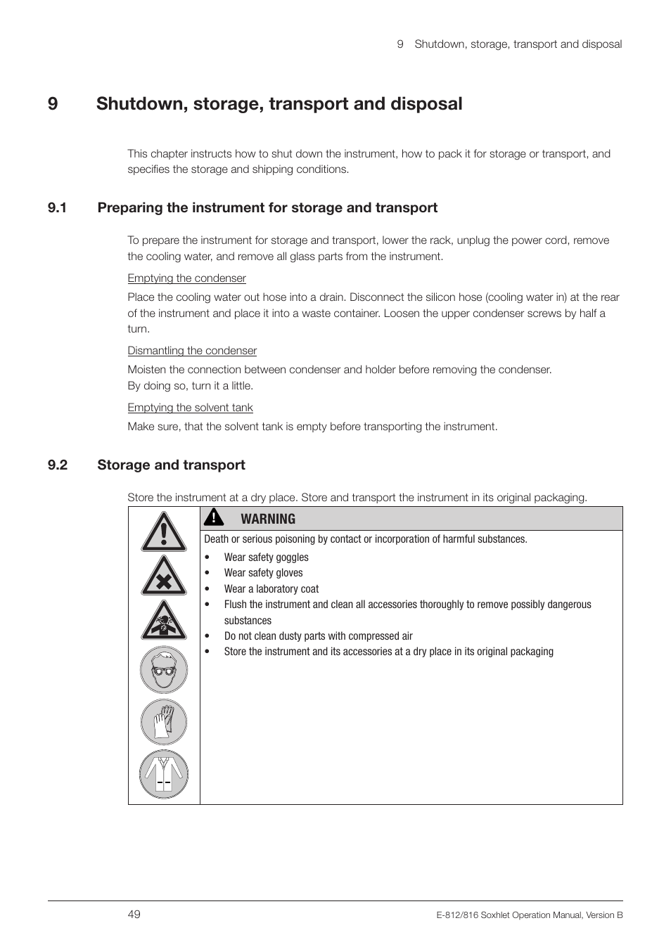 9 shutdown, storage, transport and disposal, 2 storage and transport, Shutdown, storage, transport and disposal 9.1 | Preparing the instrument for storage and transport, Storage and transport, 9shutdown, storage, transport and disposal | BUCHI Extraction Unit E-816 SOX User Manual | Page 49 / 56