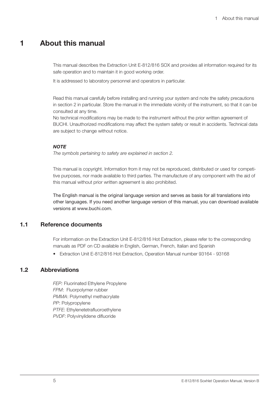 1 about this manual, 1 reference documents, 2 abbreviations | About this manual 1.1, Reference documents, 1about this manual | BUCHI Extraction Unit E-816 SOX User Manual | Page 5 / 56