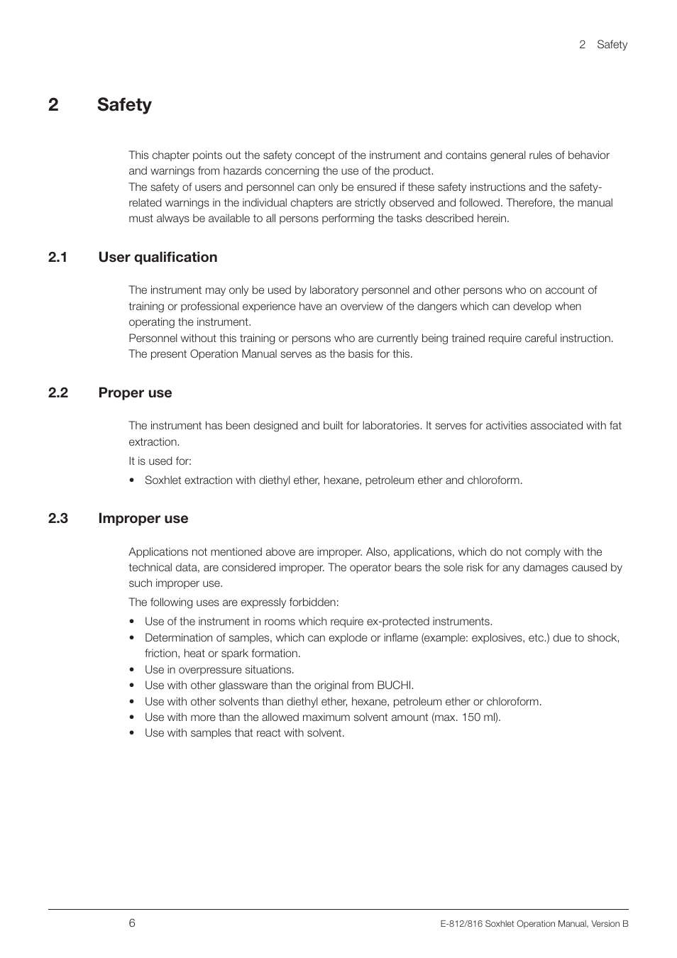 2 safety, 1 user qualification, 2 proper use | 3 improper use, User qualification, Proper use, Improper use | BUCHI Extraction Unit E-816 SOX User Manual | Page 6 / 56