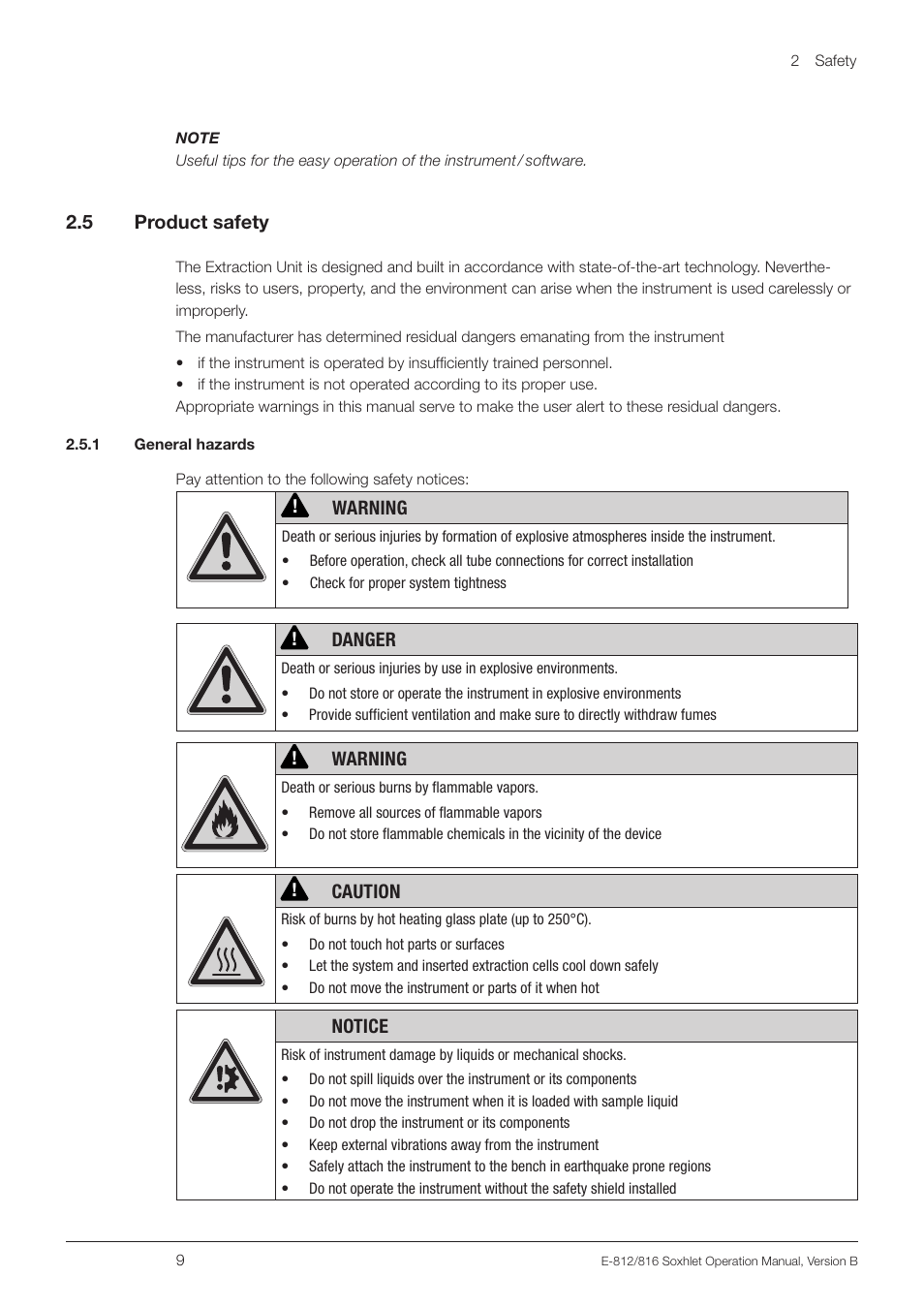 5 product safety, 1 general hazards, Product safety | BUCHI Extraction Unit E-816 SOX User Manual | Page 9 / 56