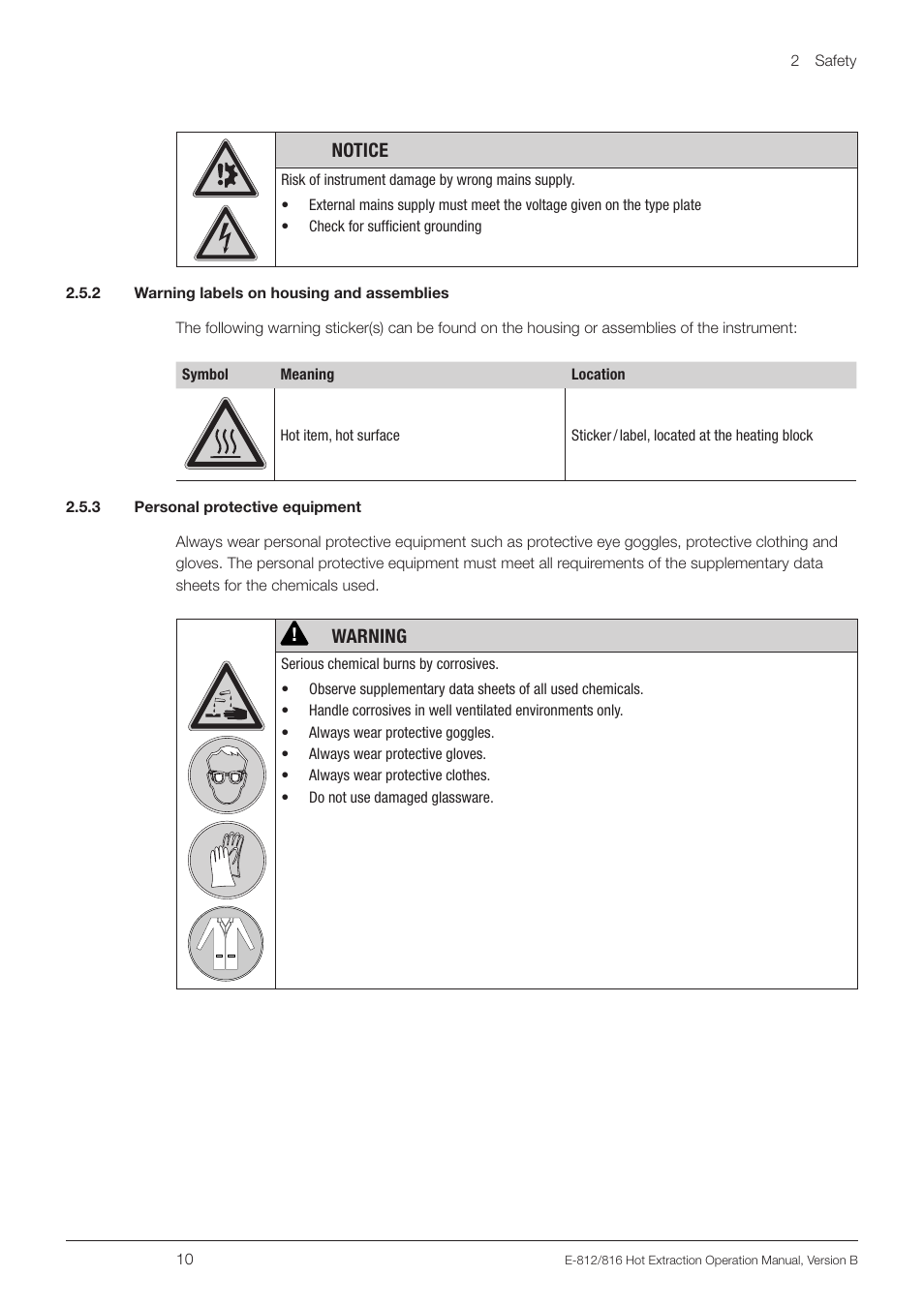 2 warning labels on housing and assemblies, 3 personal protective equipment, Notice | Warning | BUCHI Extraction Unit E-816 HE User Manual | Page 10 / 56