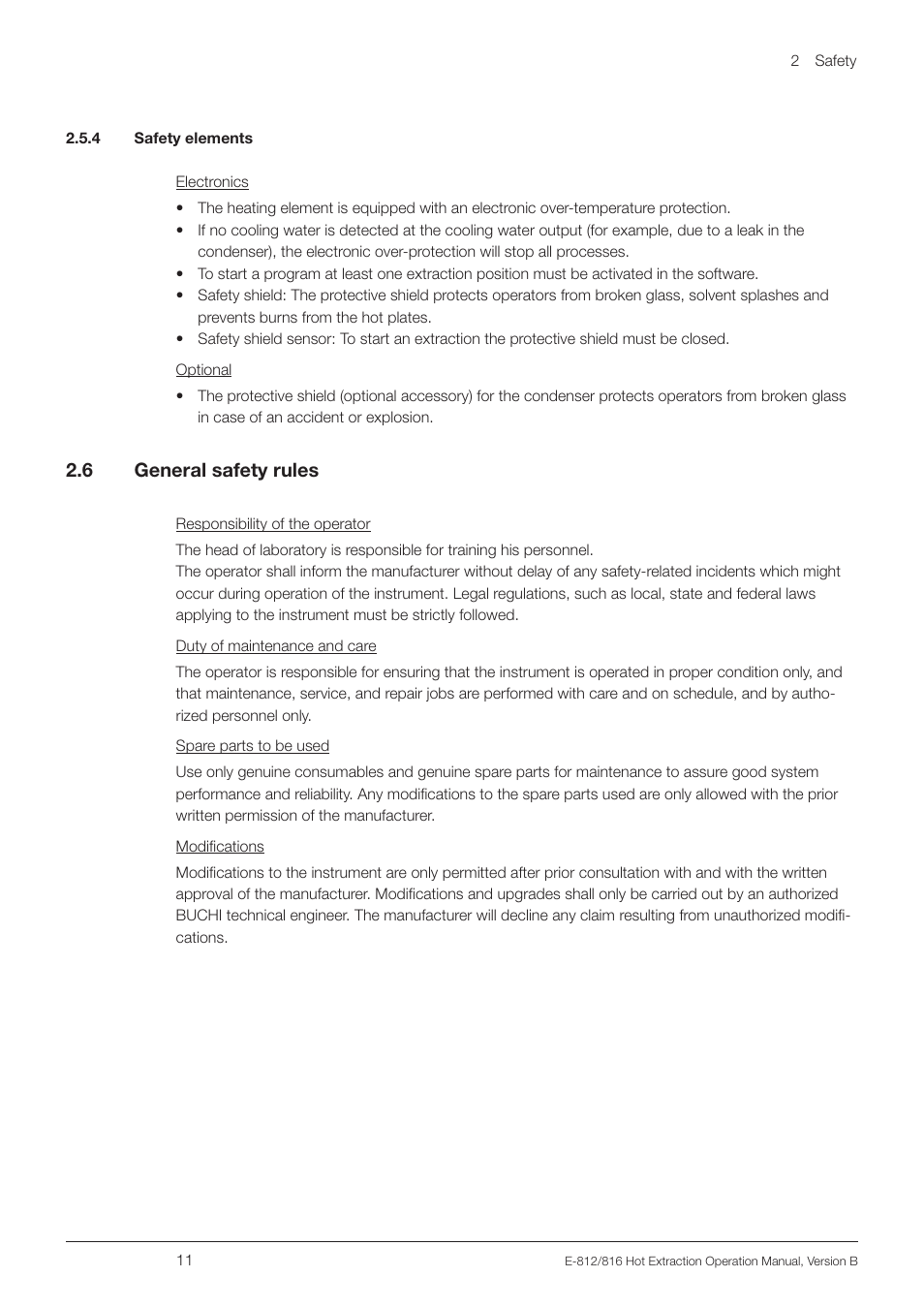 4 safety elements, 6 general safety rules, 4 safety elements 2.6 | General safety rules, 2 .6 general safety rules | BUCHI Extraction Unit E-816 HE User Manual | Page 11 / 56