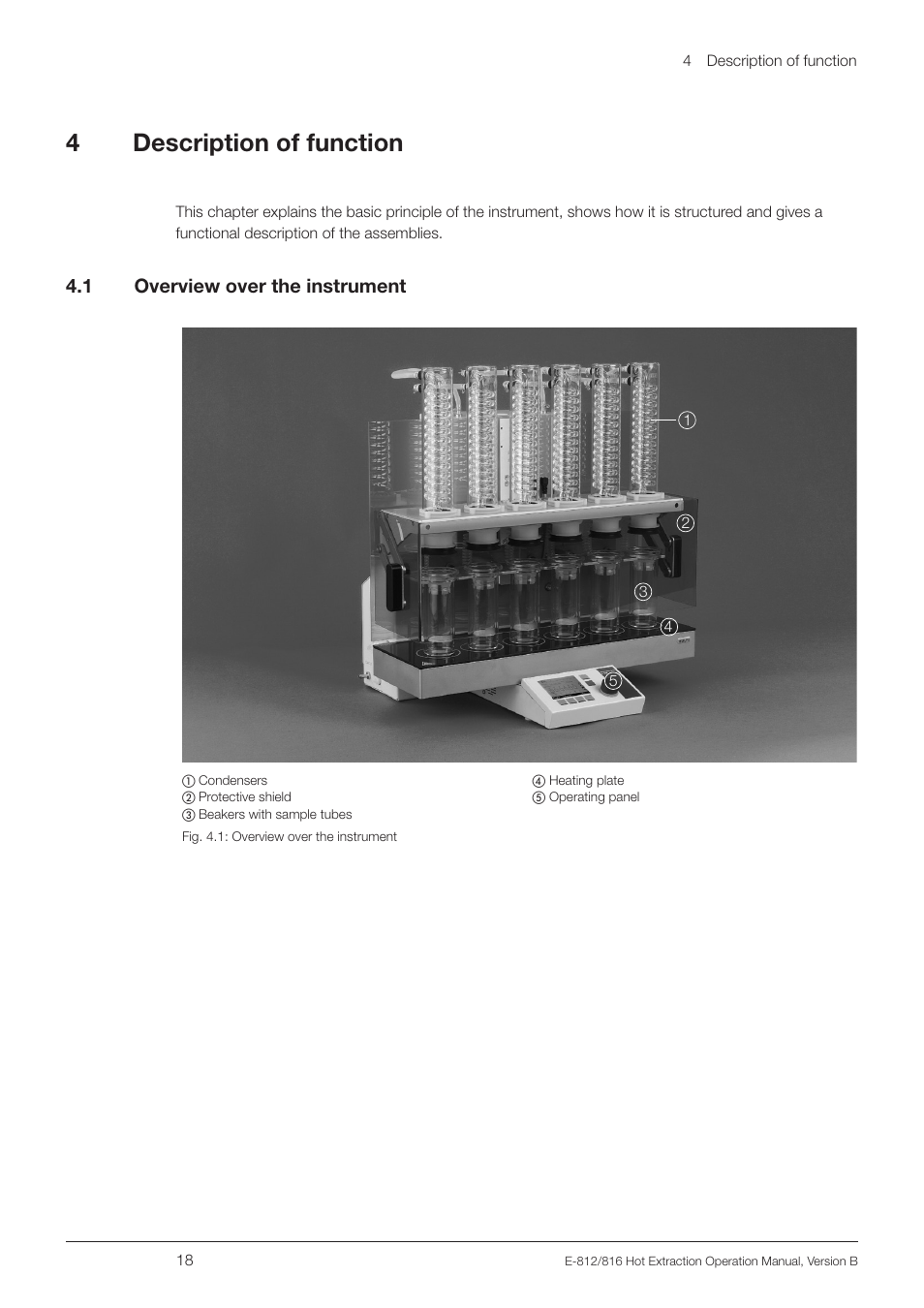 4 description of function, 1 overview over the instrument, Description of function 4.1 | Overview over the instrument, 4description of function | BUCHI Extraction Unit E-816 HE User Manual | Page 18 / 56