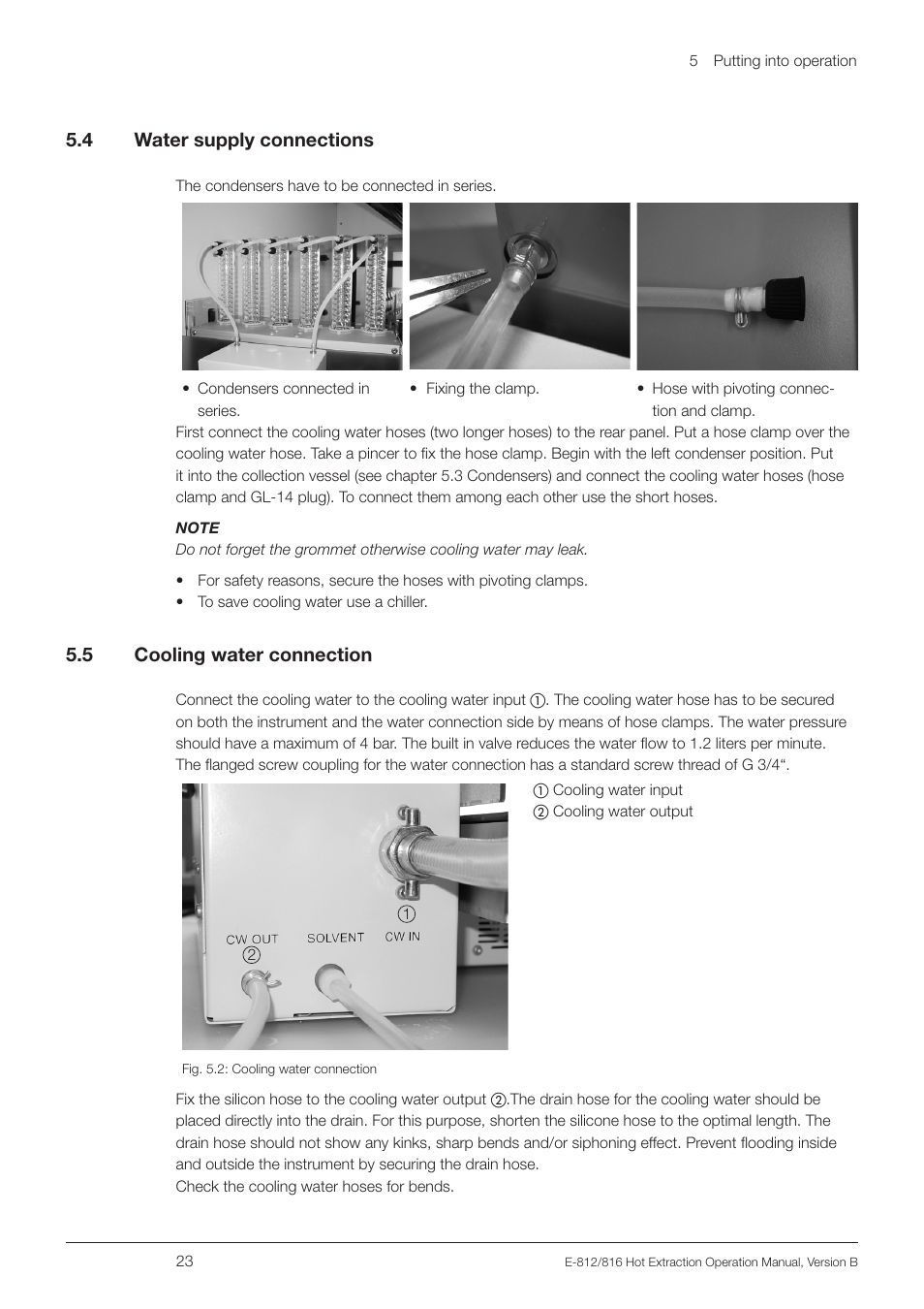 4 water supply connections, 5 cooling water connection, Water supply connections | Cooling water connection, 5 .4 water supply connections, 5 .5 cooling water connection | BUCHI Extraction Unit E-816 HE User Manual | Page 23 / 56