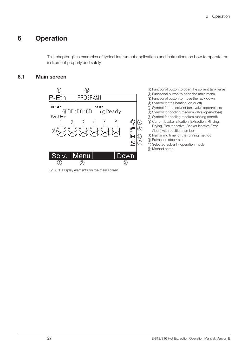 6 operation, 1 main screen, Main screen | 6 .1 main screen | BUCHI Extraction Unit E-816 HE User Manual | Page 27 / 56