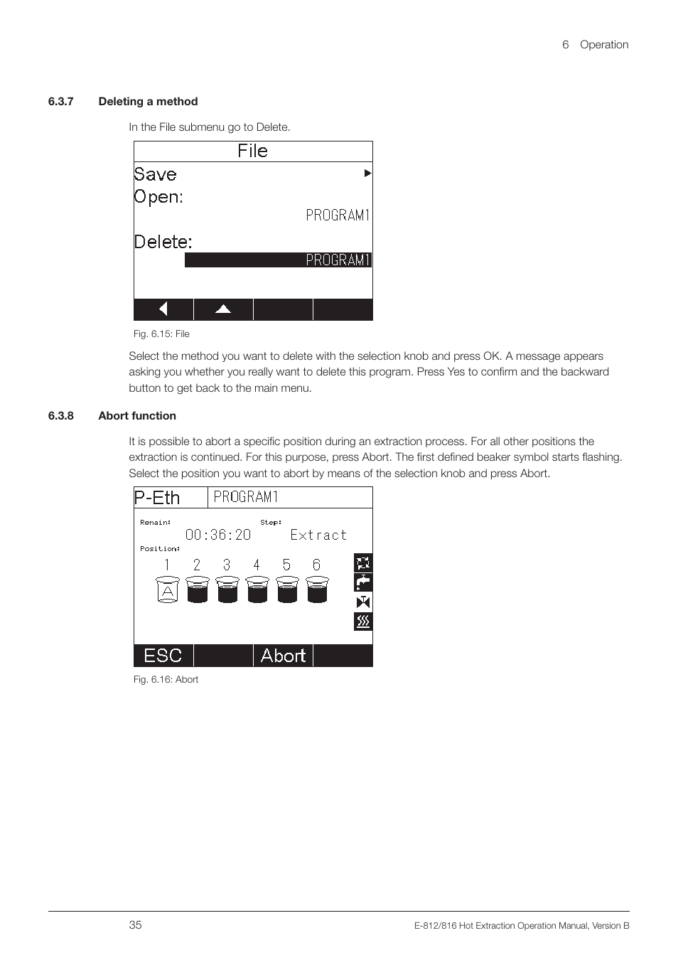 7 deleting a method, 8 abort function, 7 deleting a method 6.3.8 abort function | BUCHI Extraction Unit E-816 HE User Manual | Page 35 / 56