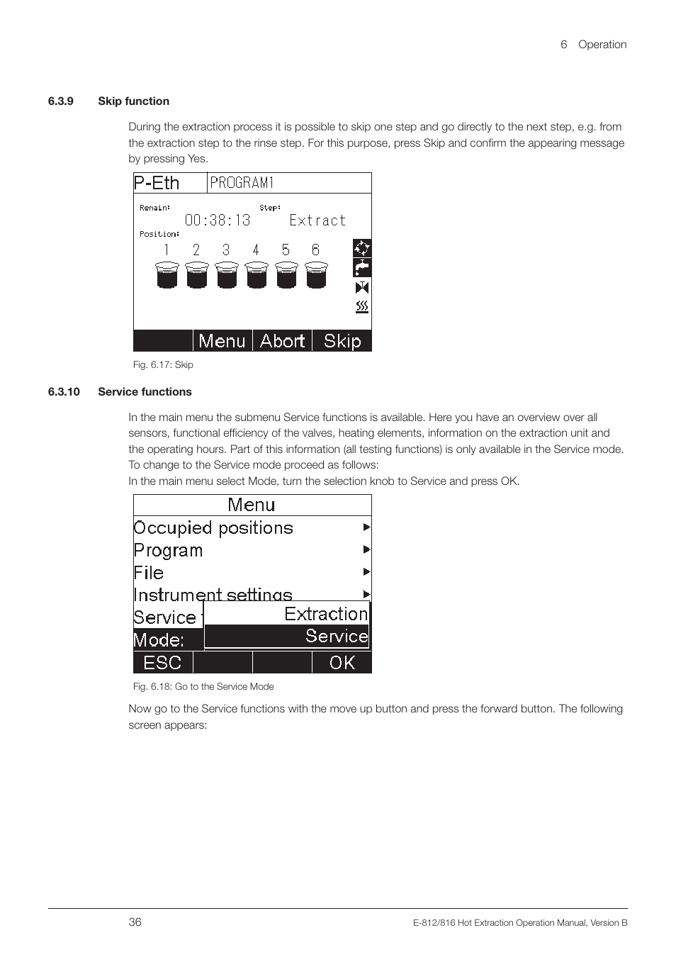9 skip function, 10 service functions, 9 skip function 6.3.10 service functions | BUCHI Extraction Unit E-816 HE User Manual | Page 36 / 56