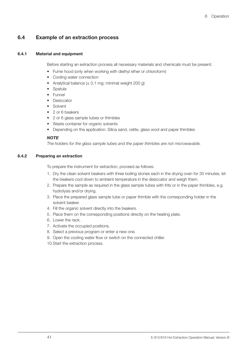 4 example of an extraction process, 1 material and equipment, 2 preparing an extraction | Example of an extraction process, 6 .4 example of an extraction process | BUCHI Extraction Unit E-816 HE User Manual | Page 41 / 56