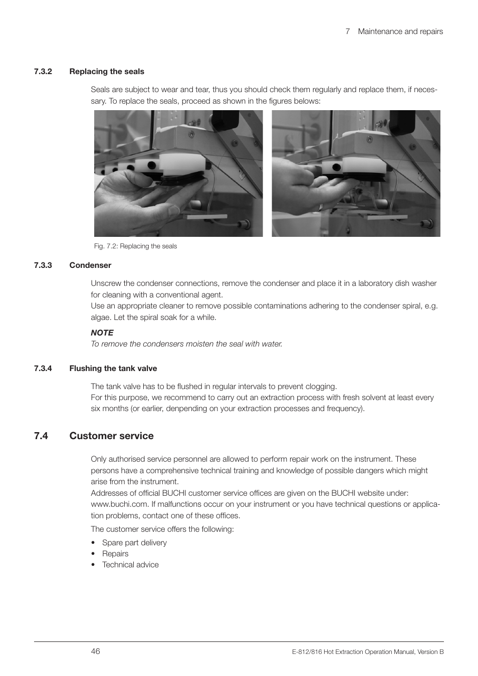 2 replacing the seals, 3 condenser, 4 flushing the tank valve | 4 customer service, Customer service, 7 .4 customer service | BUCHI Extraction Unit E-816 HE User Manual | Page 46 / 56