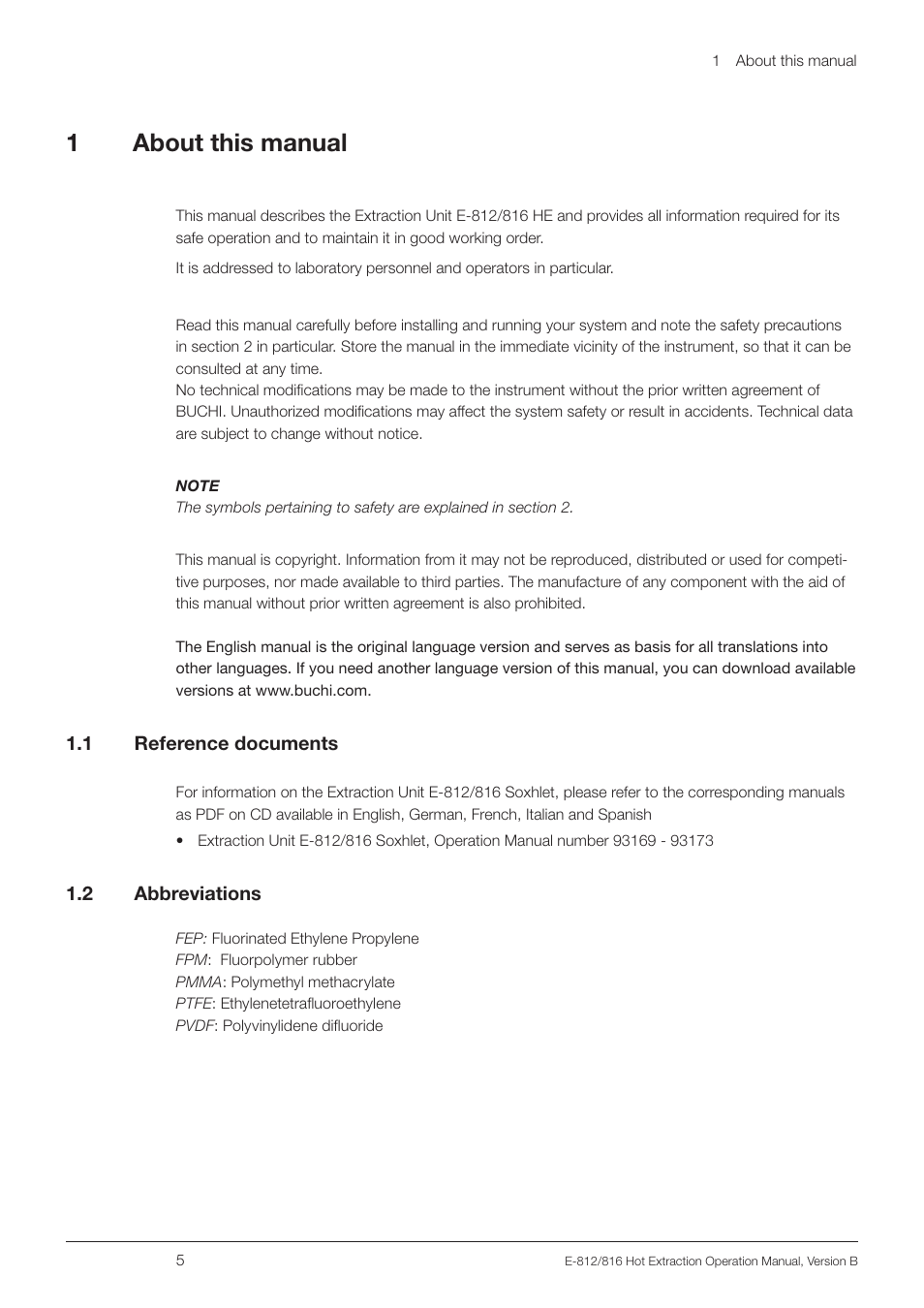 1 about this manual, 1 reference documents, 2 abbreviations | About this manual 1.1, Reference documents, 1about this manual | BUCHI Extraction Unit E-816 HE User Manual | Page 5 / 56
