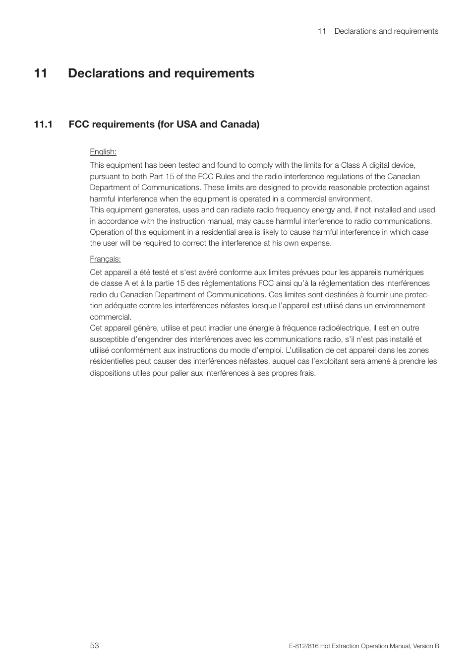 11 declarations and requirements, 1 fcc requirements (for usa and canada) | BUCHI Extraction Unit E-816 HE User Manual | Page 53 / 56