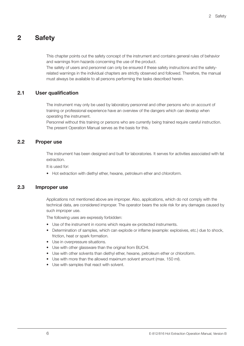 2 safety, 1 user qualification, 2 proper use | 3 improper use, User qualification, Proper use, Improper use | BUCHI Extraction Unit E-816 HE User Manual | Page 6 / 56