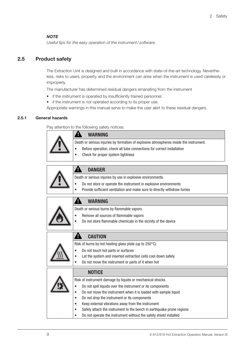 5 product safety, 1 general hazards, Product safety | BUCHI Extraction Unit E-816 HE User Manual | Page 9 / 56