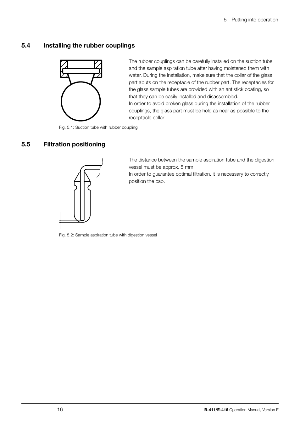 5 .4 installing the rubber couplings, 5 .5 filtration positioning | BUCHI Hydrolysis Unit B-411 User Manual | Page 16 / 30