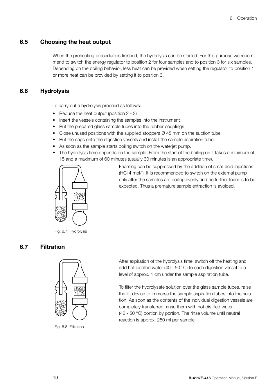 6 .5 choosing the heat output, 6 .6 hydrolysis, 6 .7 filtration | BUCHI Hydrolysis Unit B-411 User Manual | Page 19 / 30