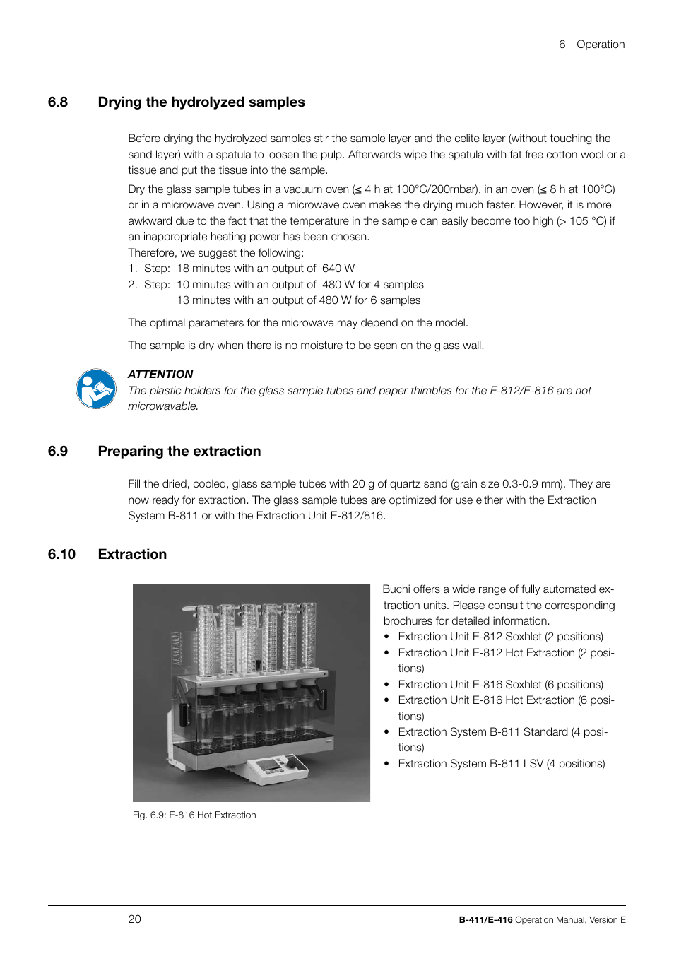 6 .8 drying the hydrolyzed samples, 6 .9 preparing the extraction, 6 .10 extraction | BUCHI Hydrolysis Unit B-411 User Manual | Page 20 / 30