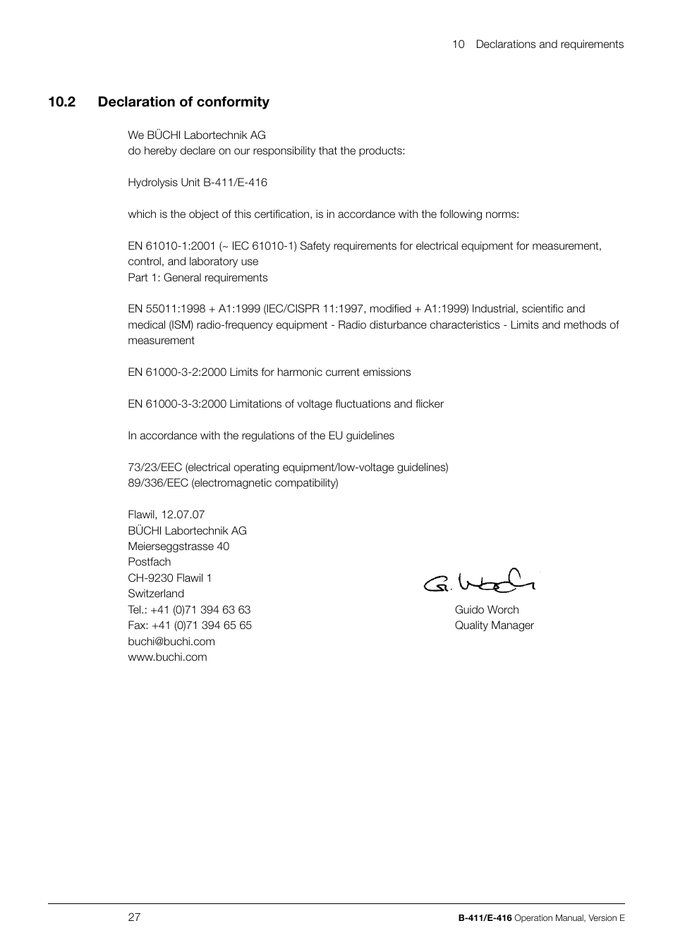 10 .2 declaration of conformity | BUCHI Hydrolysis Unit B-411 User Manual | Page 27 / 30