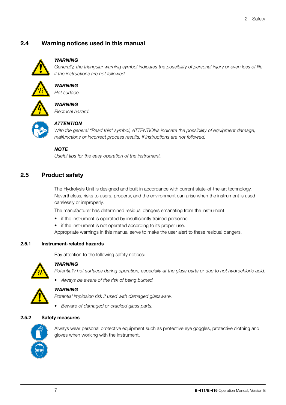 2 .4 warning notices used in this manual, 2 .5 product safety | BUCHI Hydrolysis Unit B-411 User Manual | Page 7 / 30