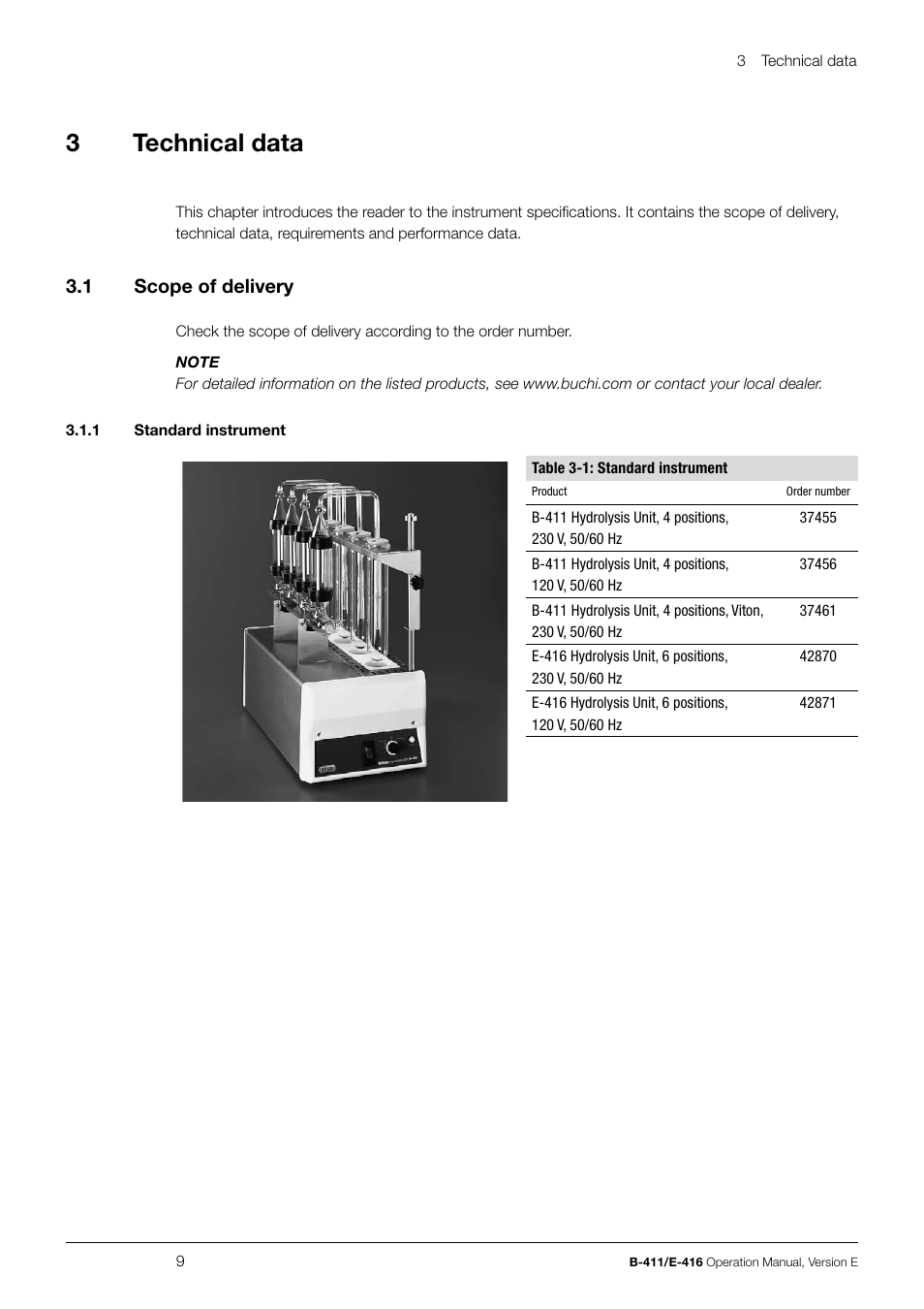 3technical data | BUCHI Hydrolysis Unit B-411 User Manual | Page 9 / 30