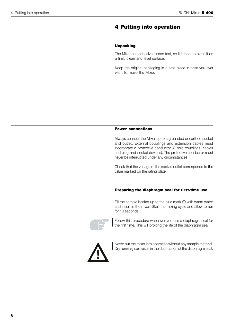 4 putting into operation | BUCHI Mixer B-400 User Manual | Page 10 / 25