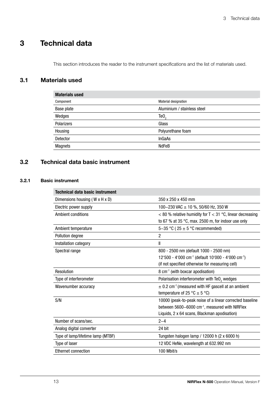 3technical data, 3 .1 materials used, 3 .2 technical data basic instrument | BUCHI NIRFlex N-500 User Manual | Page 13 / 96