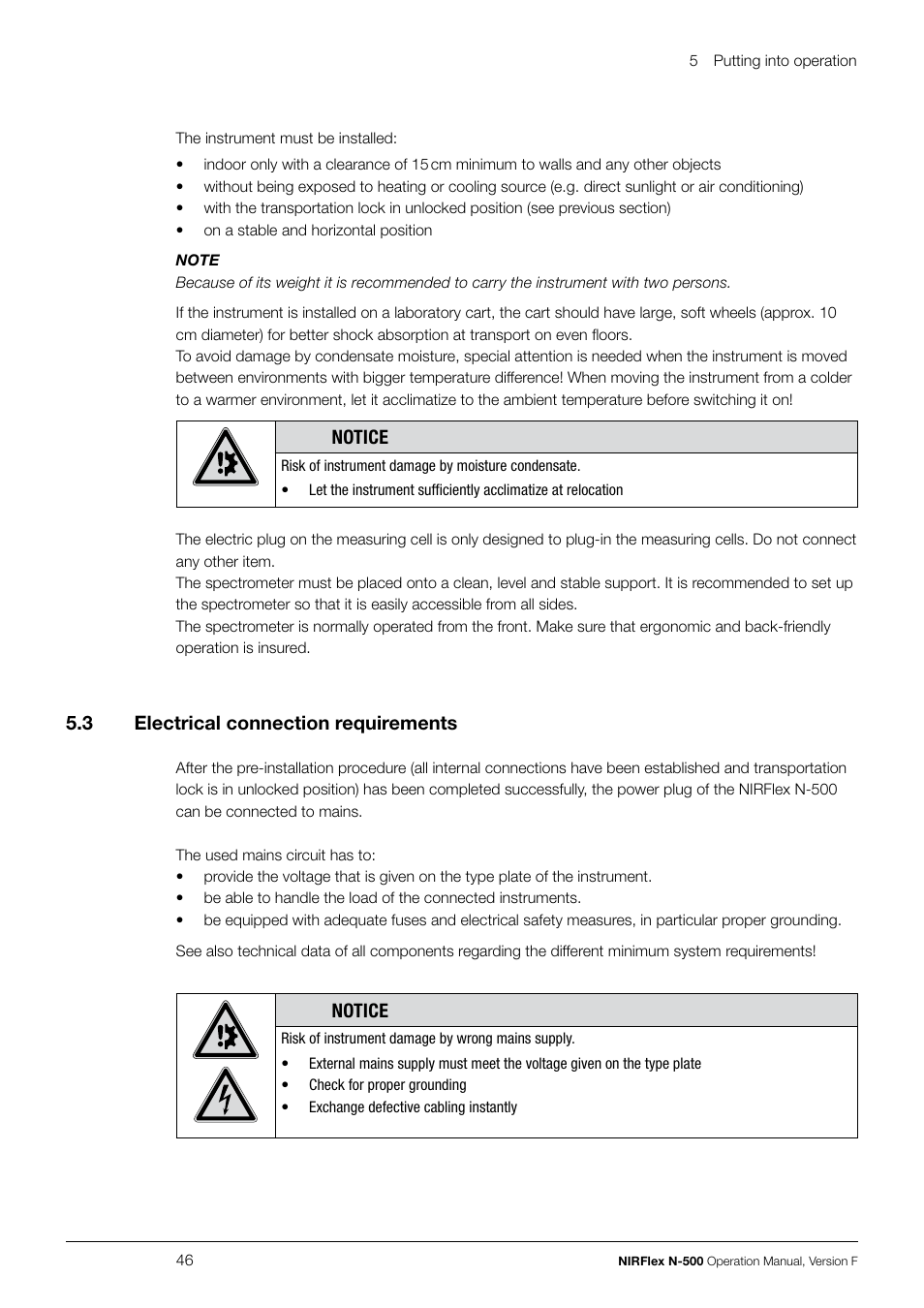 Notice, 5 .3 electrical connection requirements | BUCHI NIRFlex N-500 User Manual | Page 46 / 96