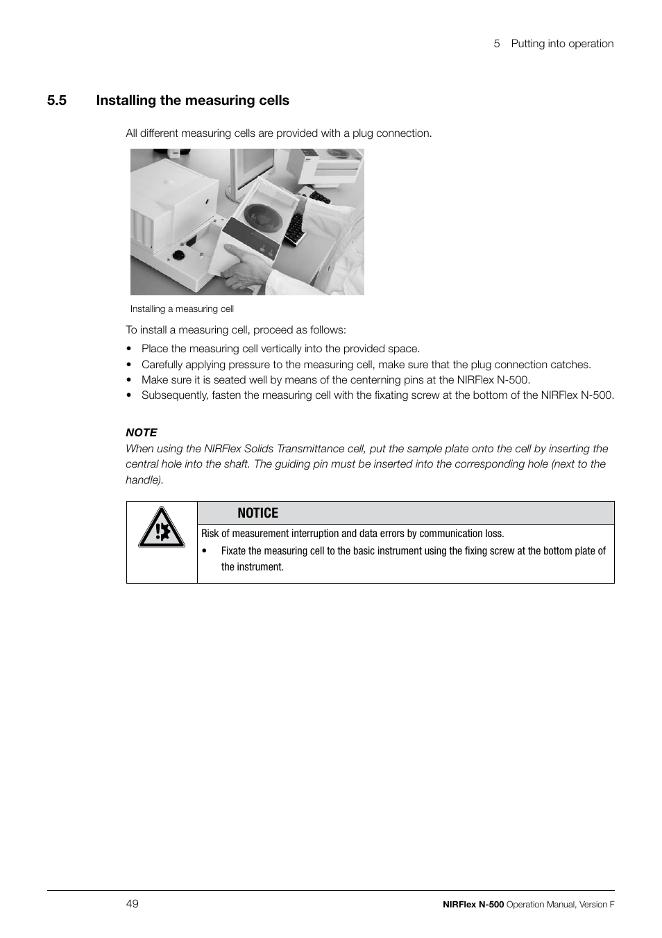 5 .5 installing the measuring cells, Notice | BUCHI NIRFlex N-500 User Manual | Page 49 / 96