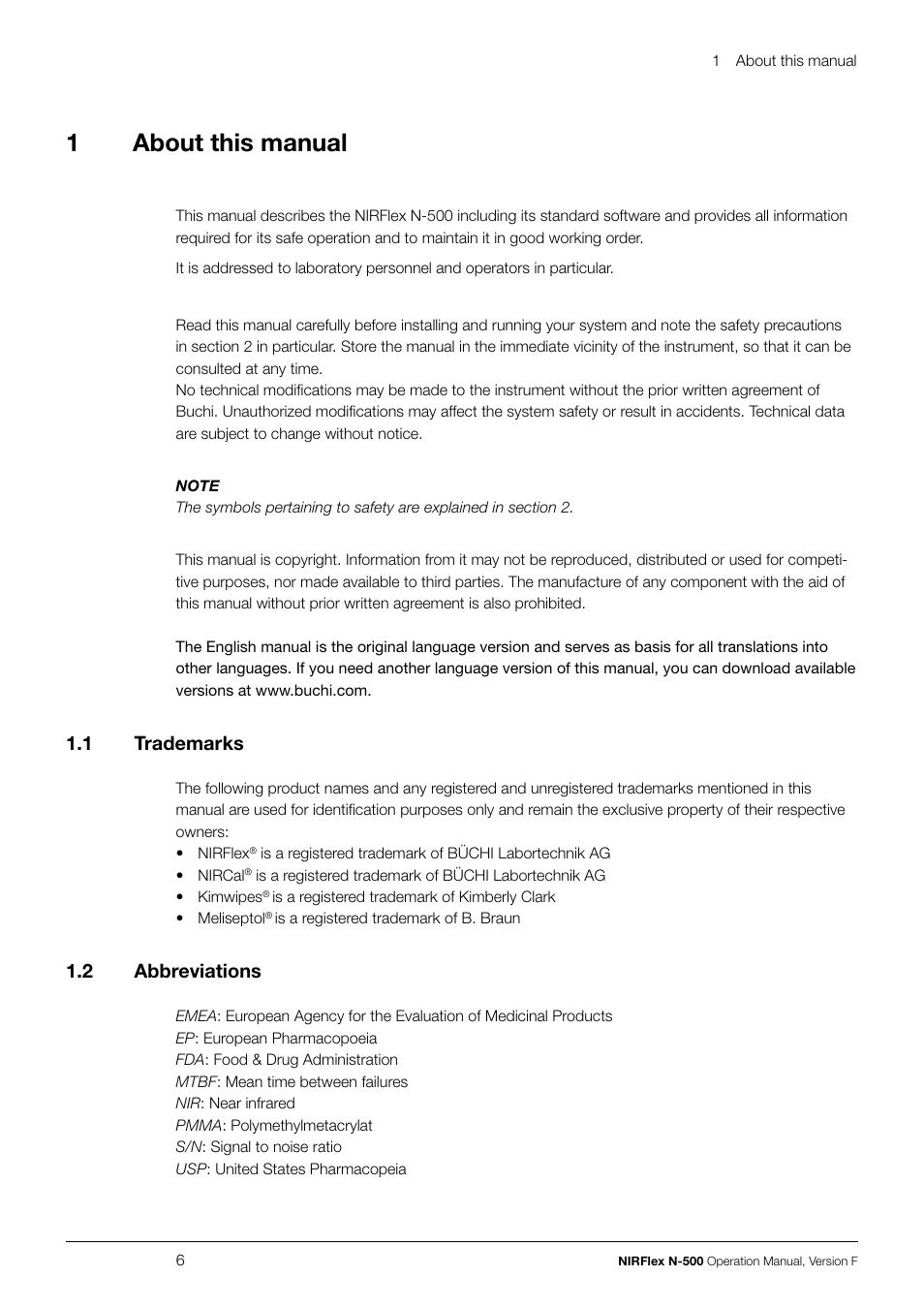 1about this manual, 1 .1 trademarks, 1 .2 abbreviations | BUCHI NIRFlex N-500 User Manual | Page 6 / 96