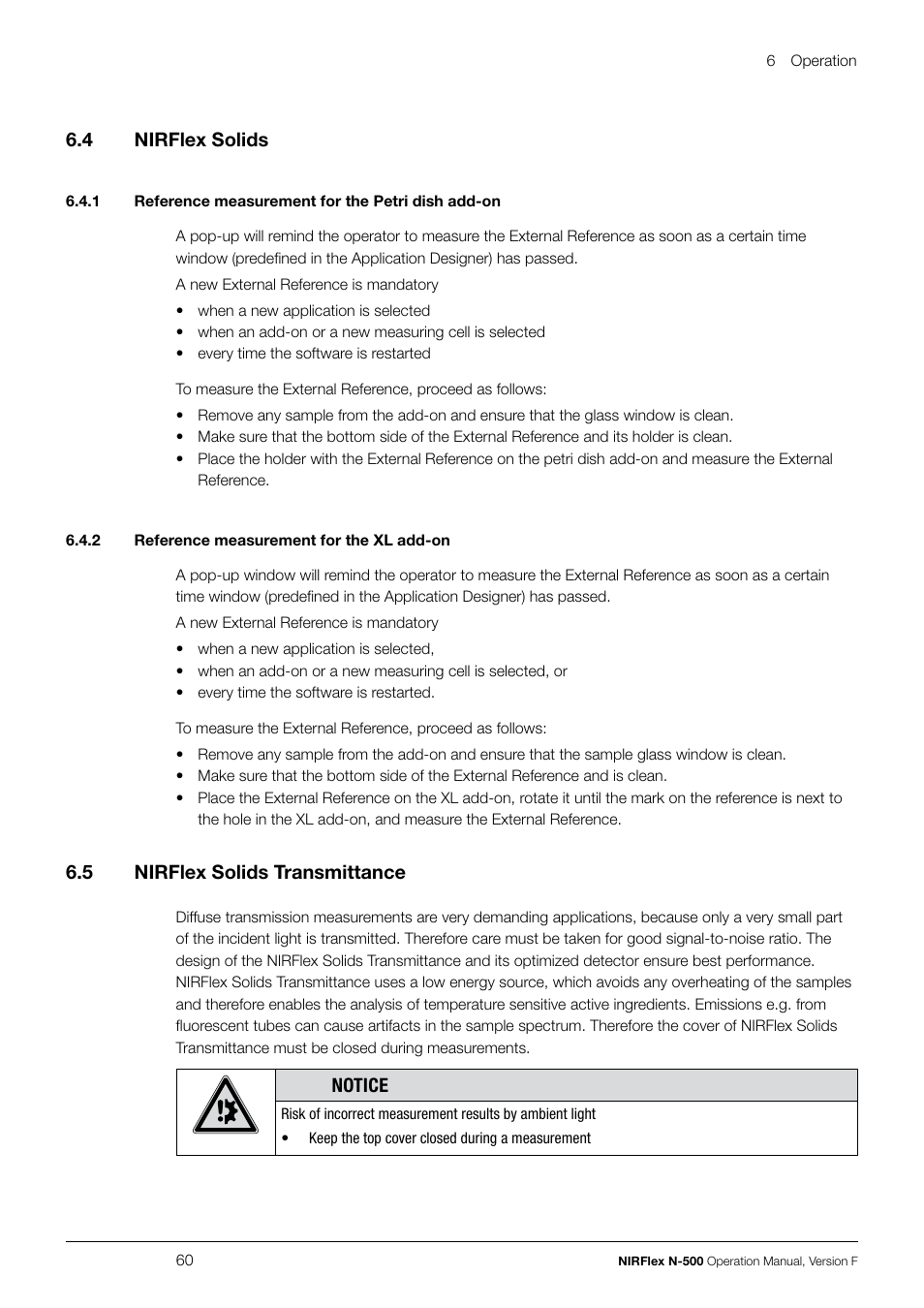 6 .4 nirflex solids, 6 .5 nirflex solids transmittance, Notice | BUCHI NIRFlex N-500 User Manual | Page 60 / 96