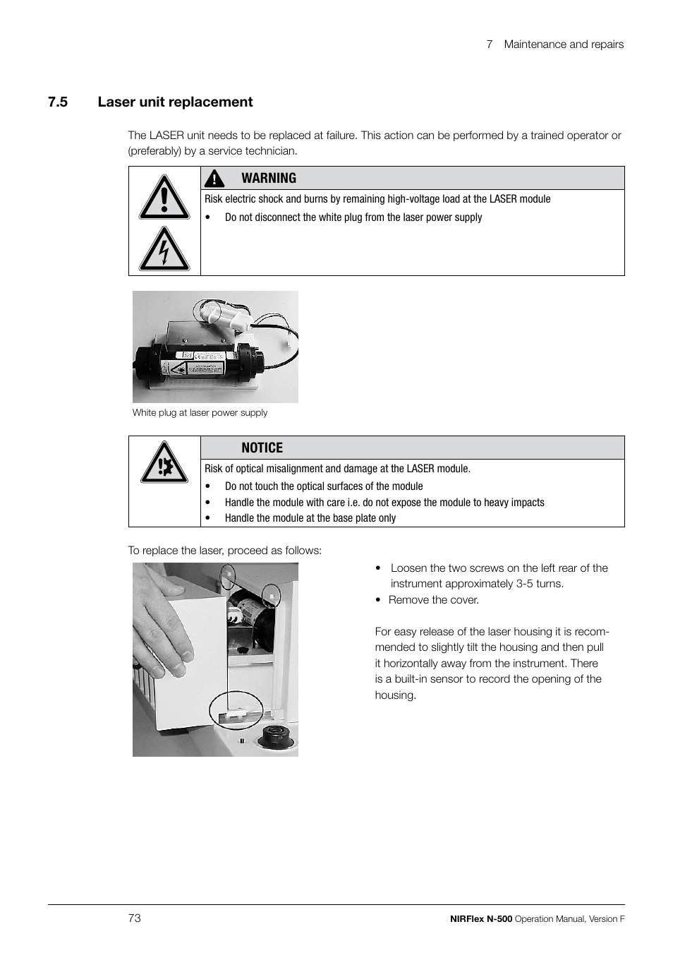 7 .5 laser unit replacement, Warning, Notice | BUCHI NIRFlex N-500 User Manual | Page 73 / 96