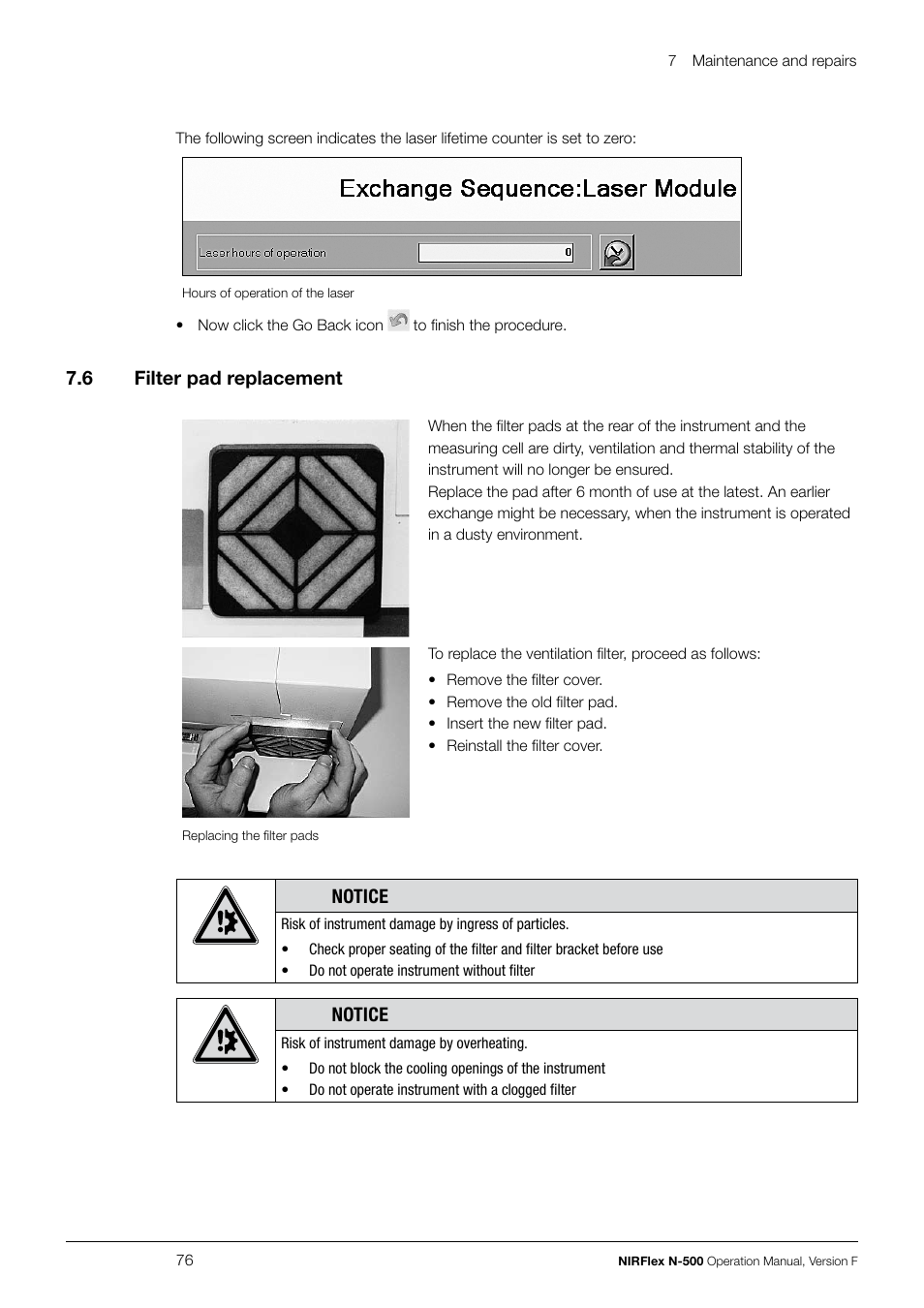 7 .6 filter pad replacement, Notice | BUCHI NIRFlex N-500 User Manual | Page 76 / 96