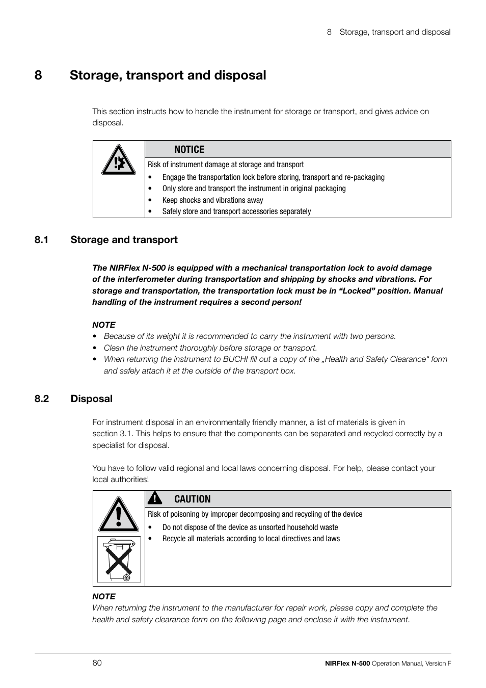 8storage, transport and disposal | BUCHI NIRFlex N-500 User Manual | Page 80 / 96