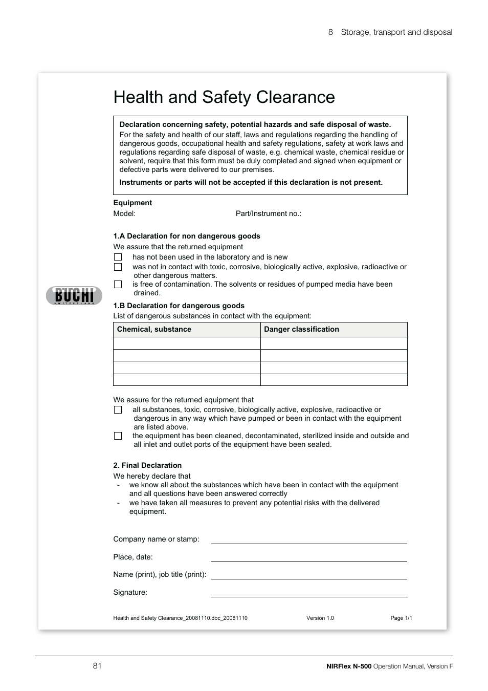 Health and safety clearance | BUCHI NIRFlex N-500 User Manual | Page 81 / 96