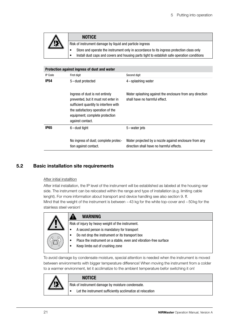 Notice, 5 .2 basic installation site requirements, Warning | BUCHI NIRMaste User Manual | Page 21 / 72